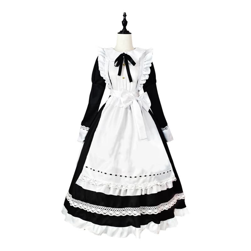 黒ワンピース メイド服 長袖 白エプロン付き コスプレ衣装