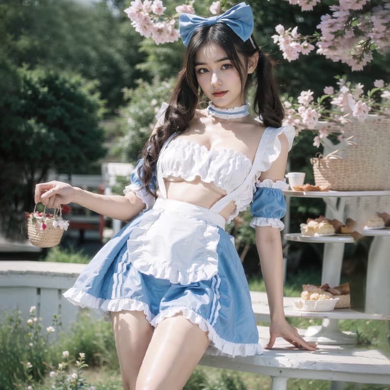 水色フリル胸元開放セクシー系メイド服コスチューム