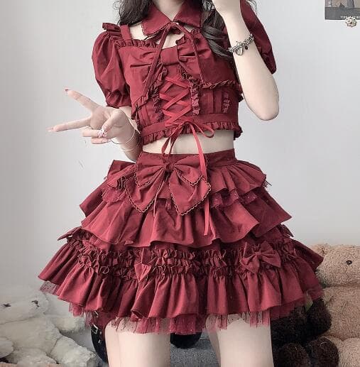 新品 赤 メイド服 可愛い フリル セットアップ