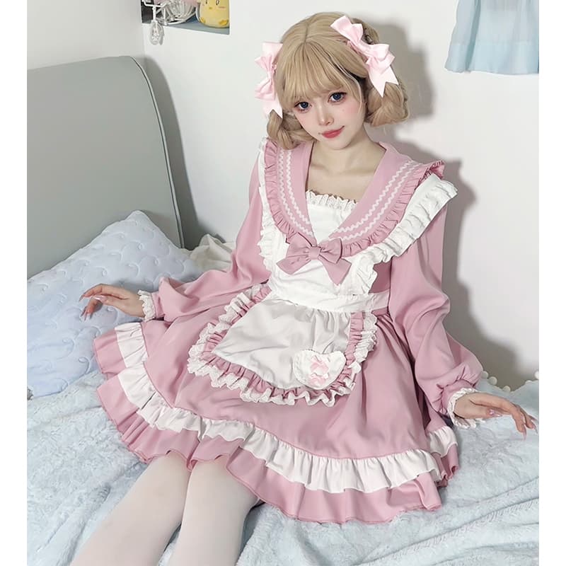 メイド服 優雅な襟元フリル付き長袖メイド服セット