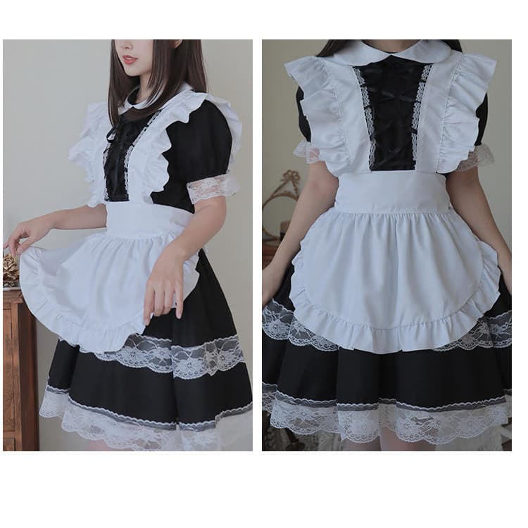 クラシック二重レース装飾メイド服変身衣装