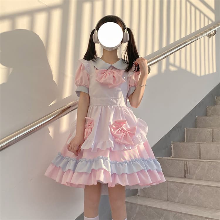 ピンク色フリルリボン付きメイド服ワンピース