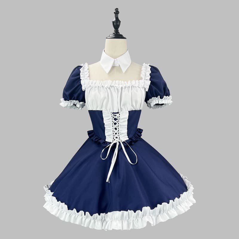 十字柄メイド服ワンピース衣装セット 黒/ネイビー