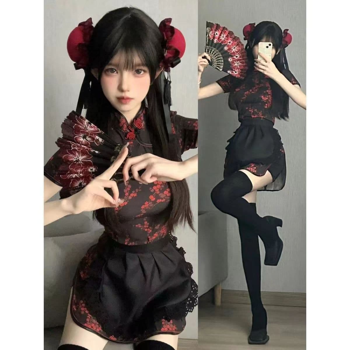 メイド服 華やかな花柄チャイナ風メイド服セット