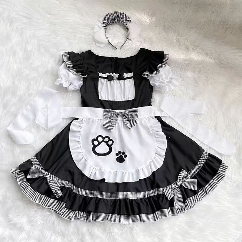 メイド服 メイド服 猫足刺繍フリルエプロンワンピース