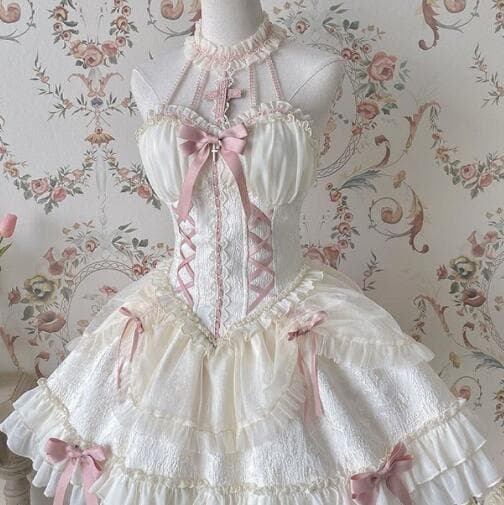 華やか姫系 白メイド服 フリルワンピース セット