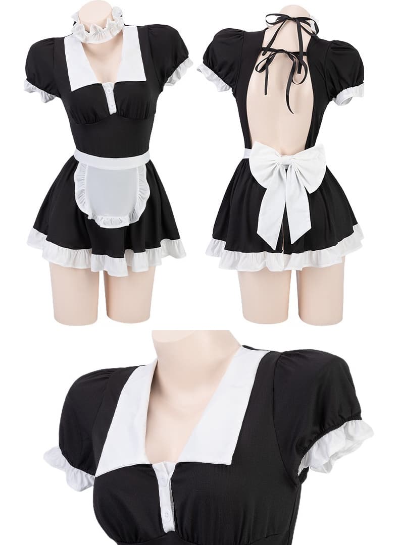 深緑色セクシー系メイド服 胸元開きフリル付き衣装