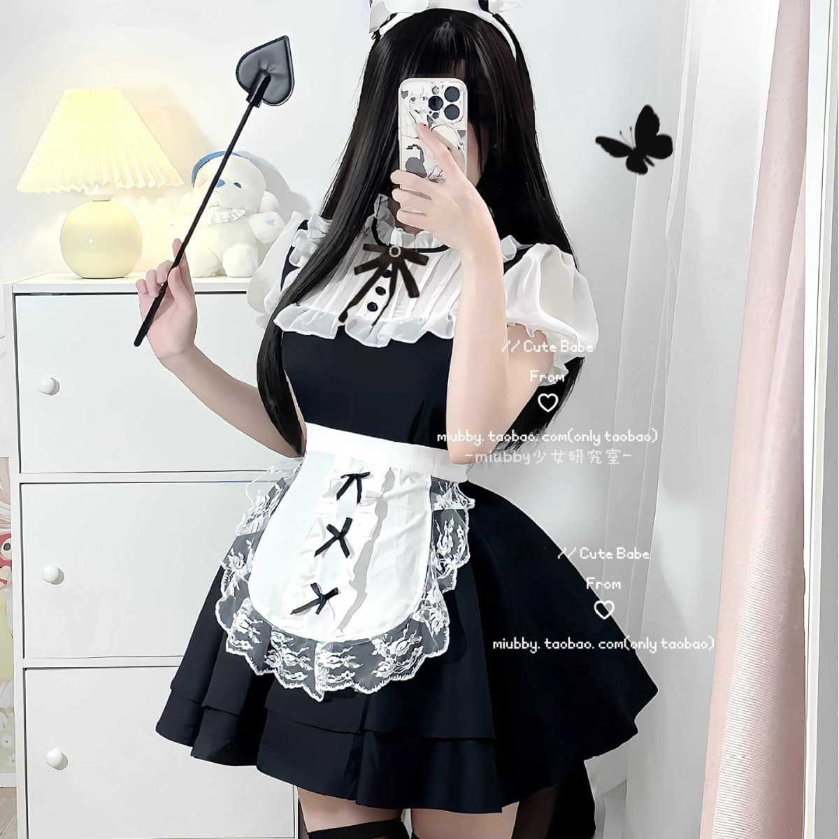 メイド服 編み上げリボン付きフリル襟メイドワンピース