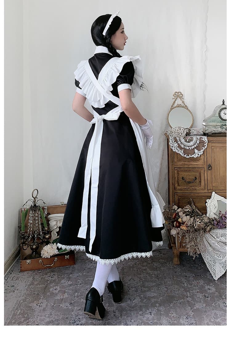 清楚優雅なロング丈メイド服ワンピース