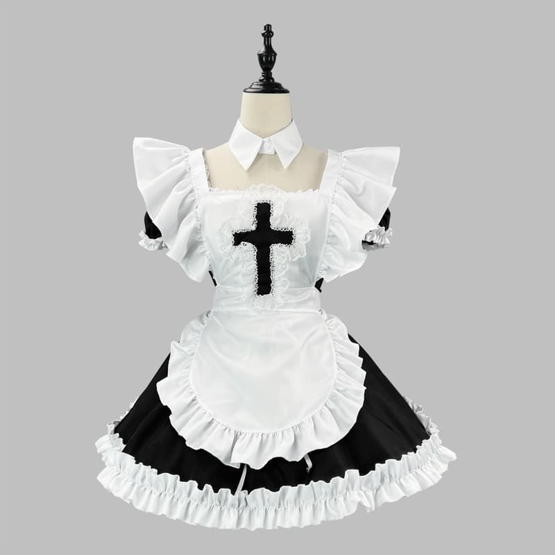 十字柄メイド服ワンピース衣装セット 黒/ネイビー