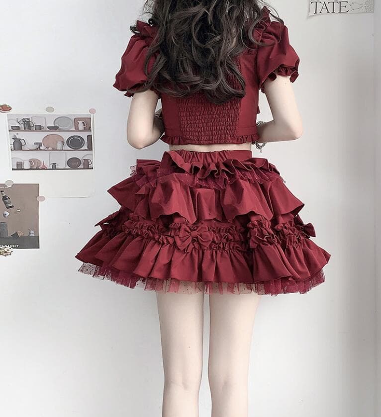 新品 赤 メイド服 可愛い フリル セットアップ