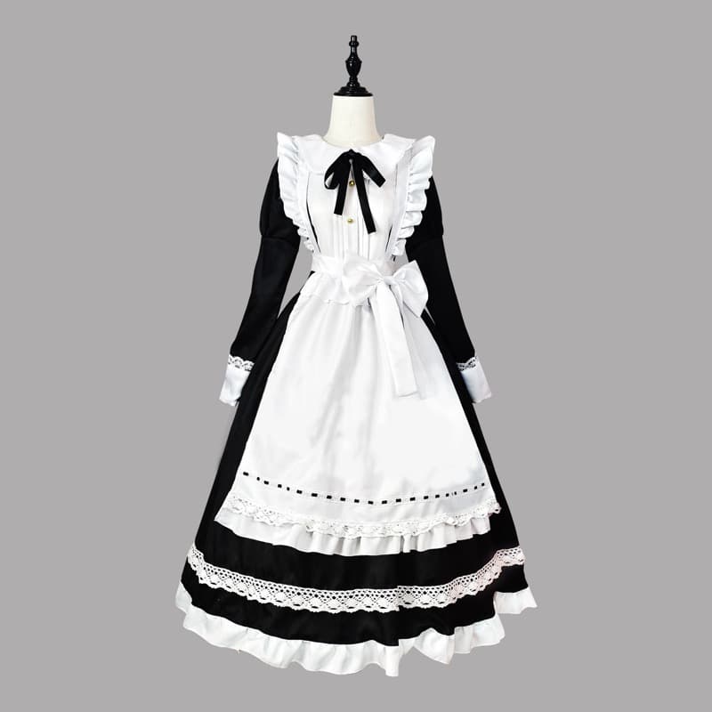 黒ワンピース メイド服 長袖 白エプロン付き コスプレ衣装