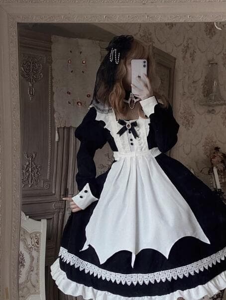 クラシカル メイド服 黒白 長袖ワンピース