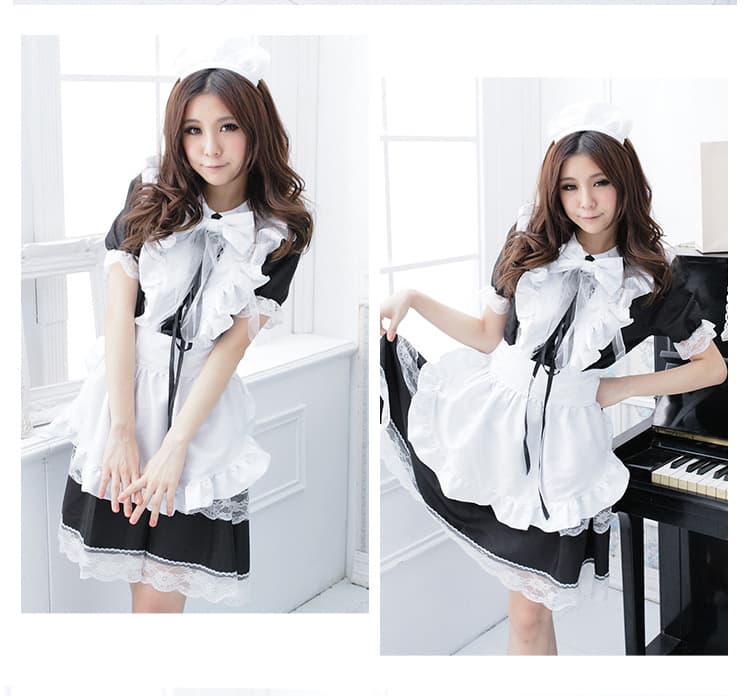 フレンチ風フロント編み上げメイド服 黒白レース衣装