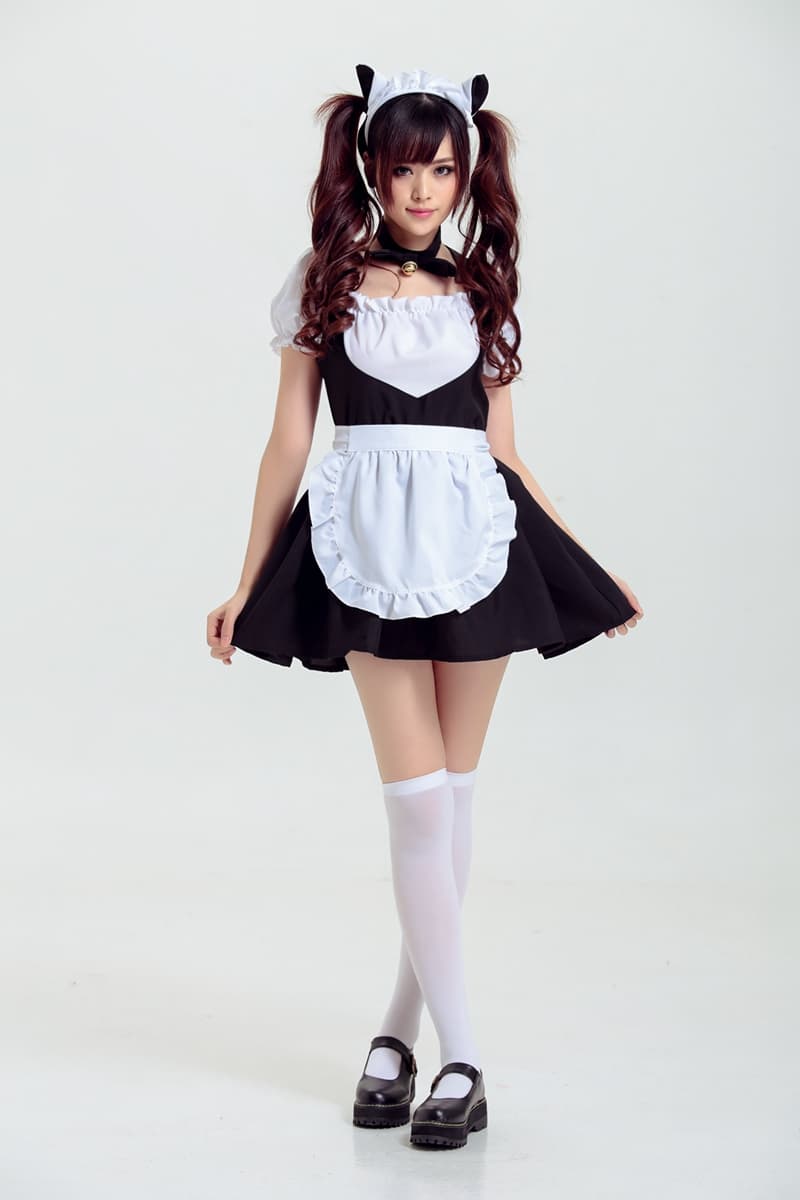 黒×白 鈴付きメイド服 猫耳カチューシャ付き