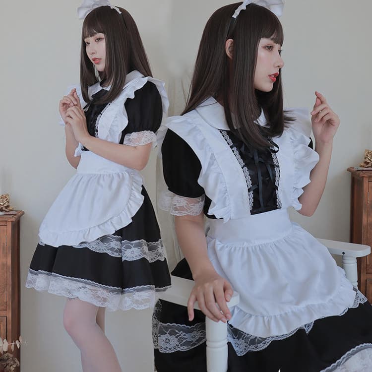 クラシック二重レース装飾メイド服変身衣装