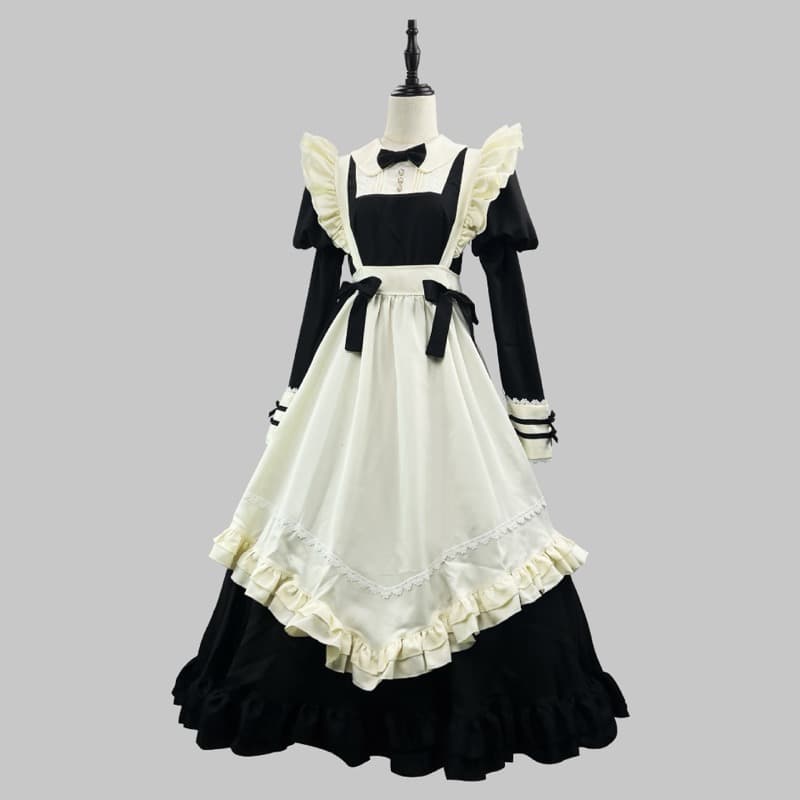 黒ワンピース メイド服 コスプレ衣装 フリル付きロング丈