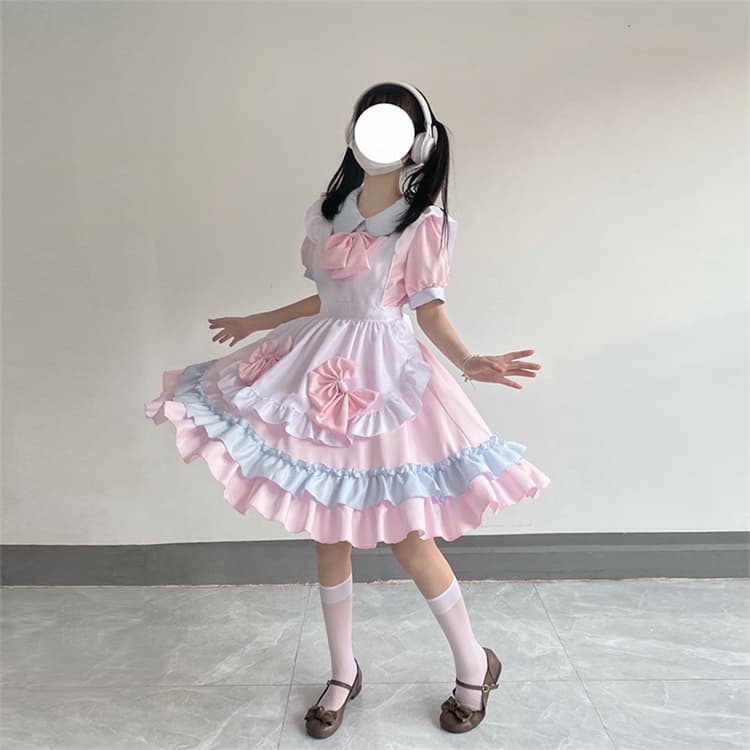 ピンク色フリルリボン付きメイド服ワンピース