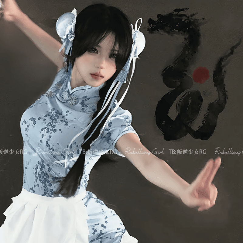 メイド服 チャイナ風花柄メイドワンピース