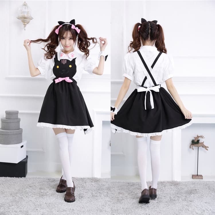 猫耳付きフレンチメイド服ワンピース可愛い動物柄衣装