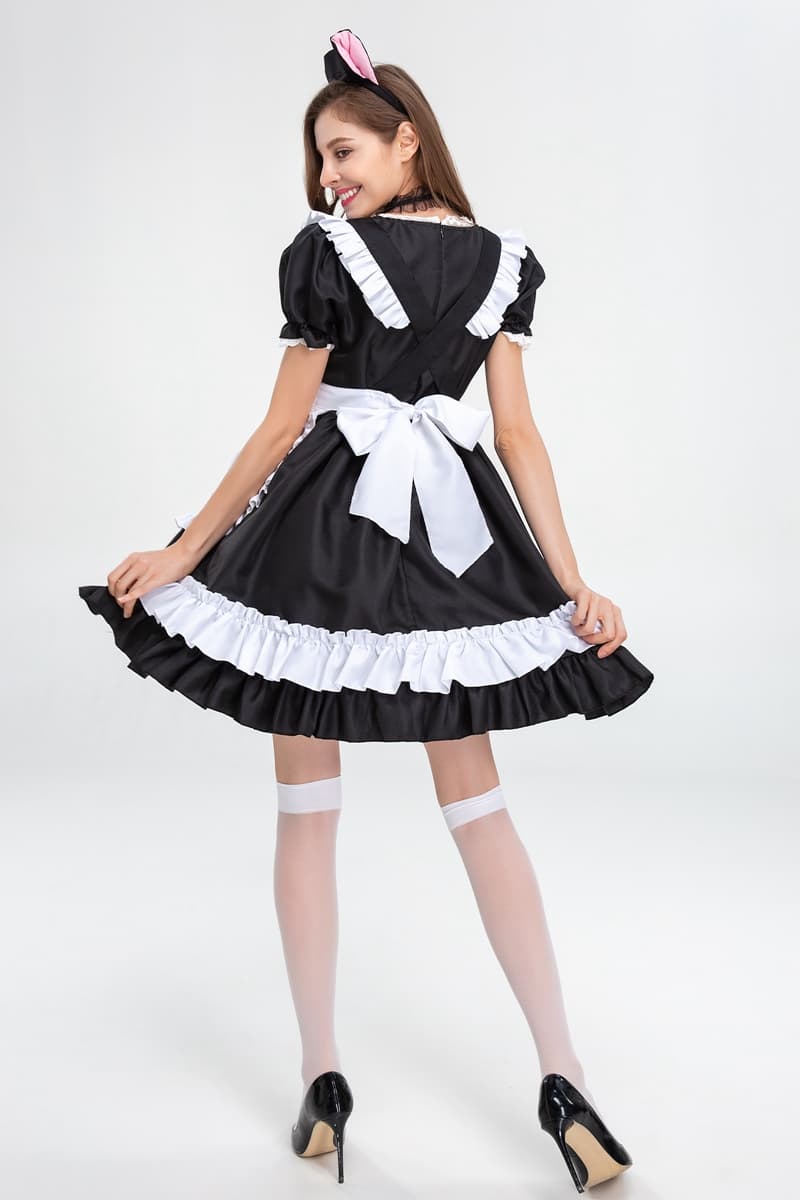 黒白猫耳メイド服 フリル付きコスプレ衣装