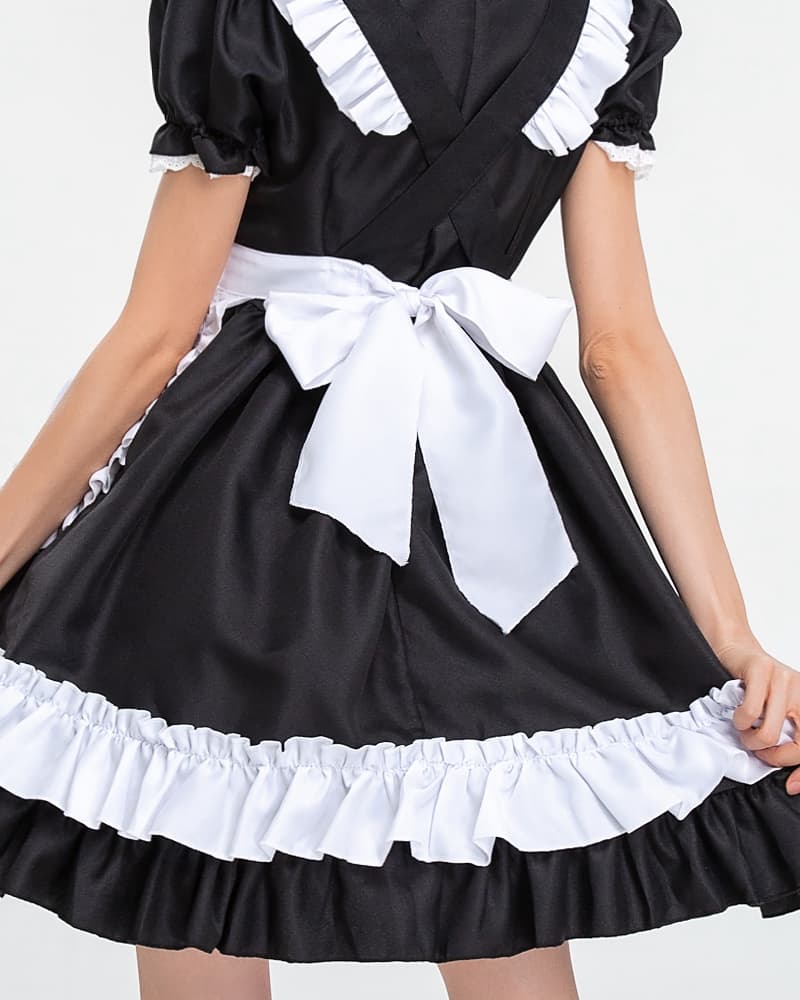 黒白猫耳メイド服 フリル付きコスプレ衣装