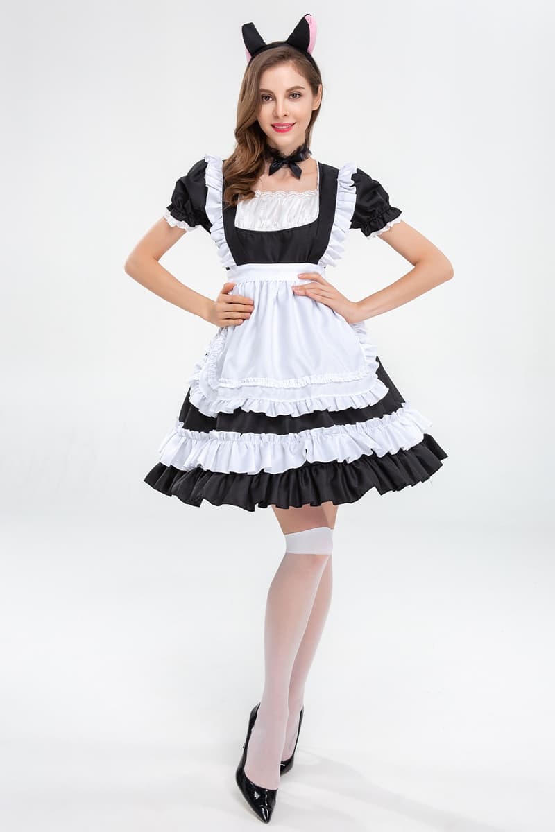 黒白猫耳メイド服 フリル付きコスプレ衣装