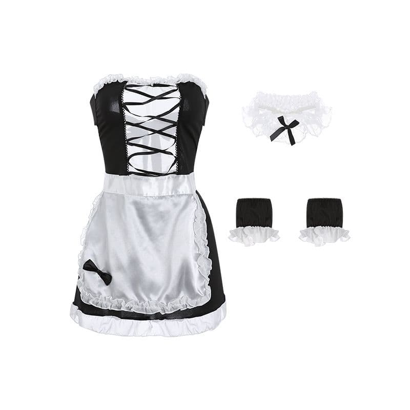 黒×白 クラシックメイド服 コスプレセット レースアップデザイン