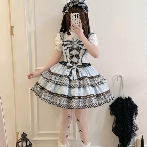 【新作】白×黒チェック リボン付き 豪華メイド服 衣装