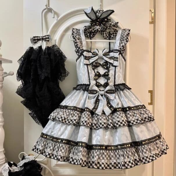 【新作】白×黒チェック リボン付き 豪華メイド服 衣装