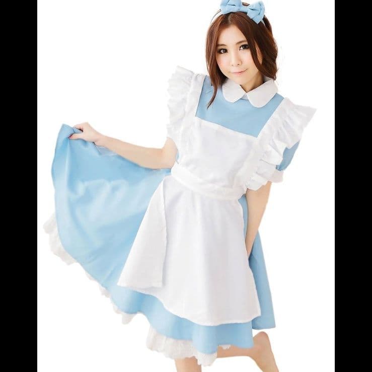 水色アリスメイド服3点セット ワンピース エプロン カチューシャ