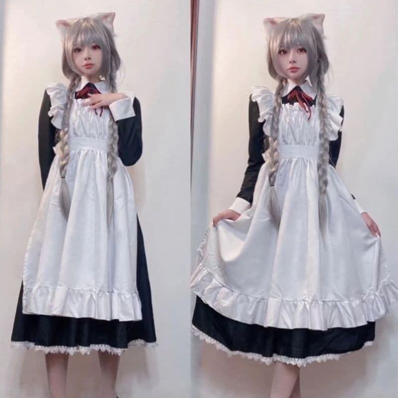 黒メイド服 ワンピース 猫耳付き コスプレ衣装 女性用 クラシカル