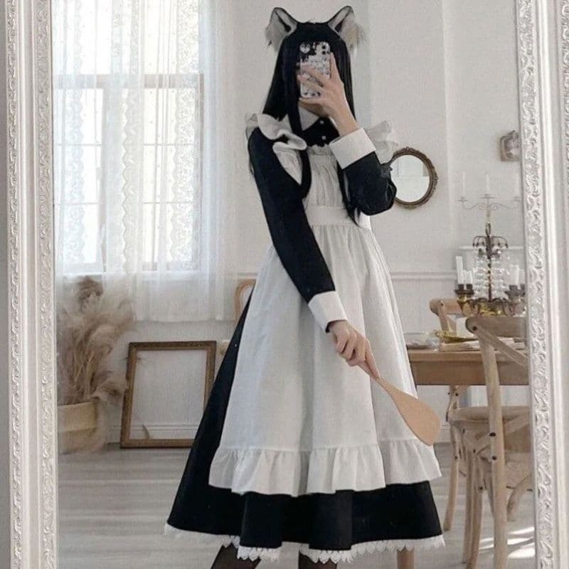 黒メイド服 ワンピース 猫耳付き コスプレ衣装 女性用 クラシカル