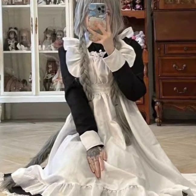 黒メイド服 ワンピース 猫耳付き コスプレ衣装 女性用 クラシカル