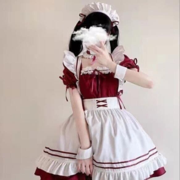 二次元風 赤メイド服 フリル付き コスプレ衣装