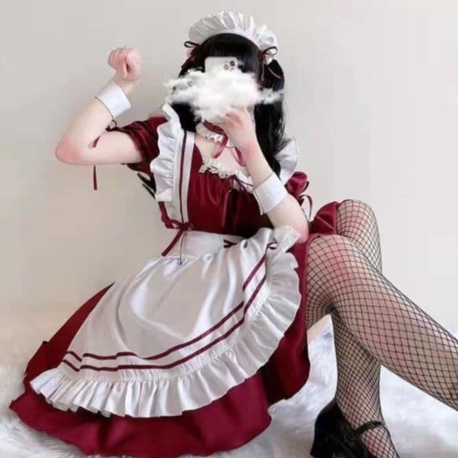 二次元風 赤メイド服 フリル付き コスプレ衣装
