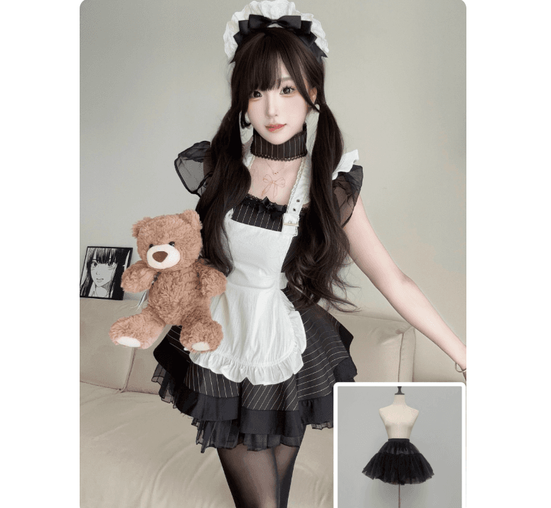 メイド服 ハート飾りベルト付き多層フリル袖メイド服