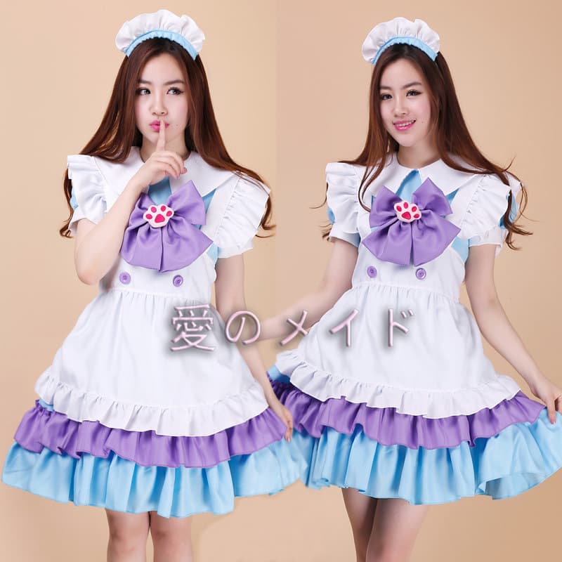 フレンチメイド服コスプレ5点セット紫水色フリル