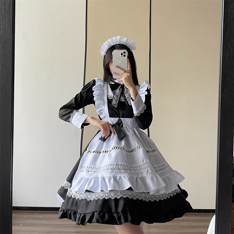 黒長袖メイド服 可愛いコスプレ制服 大きいサイズ対応ワンピース クラシカル