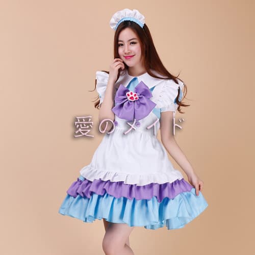 フレンチメイド服コスプレ5点セット紫水色フリル