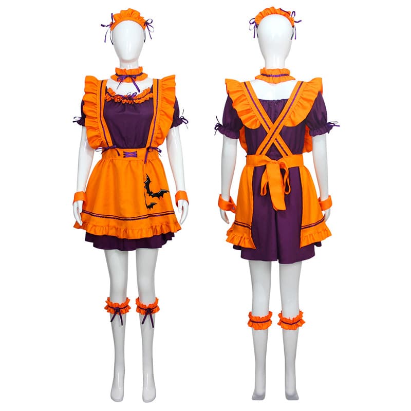 ハロウィン 紫×橙 コウモリ柄メイド服 仮装衣装