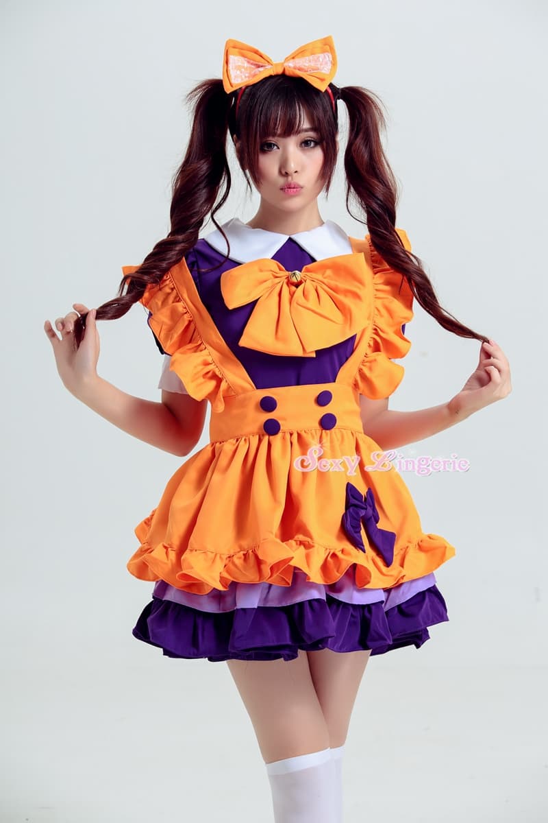 ハロウィン オレンジ色 メイド服 仮装衣装 紫リボン付き