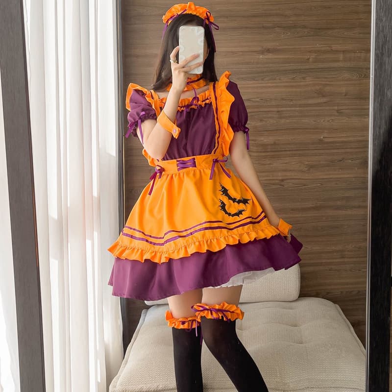 ハロウィン 紫×橙 コウモリ柄メイド服 仮装衣装