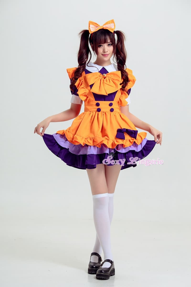 ハロウィン オレンジ色 メイド服 仮装衣装 紫リボン付き