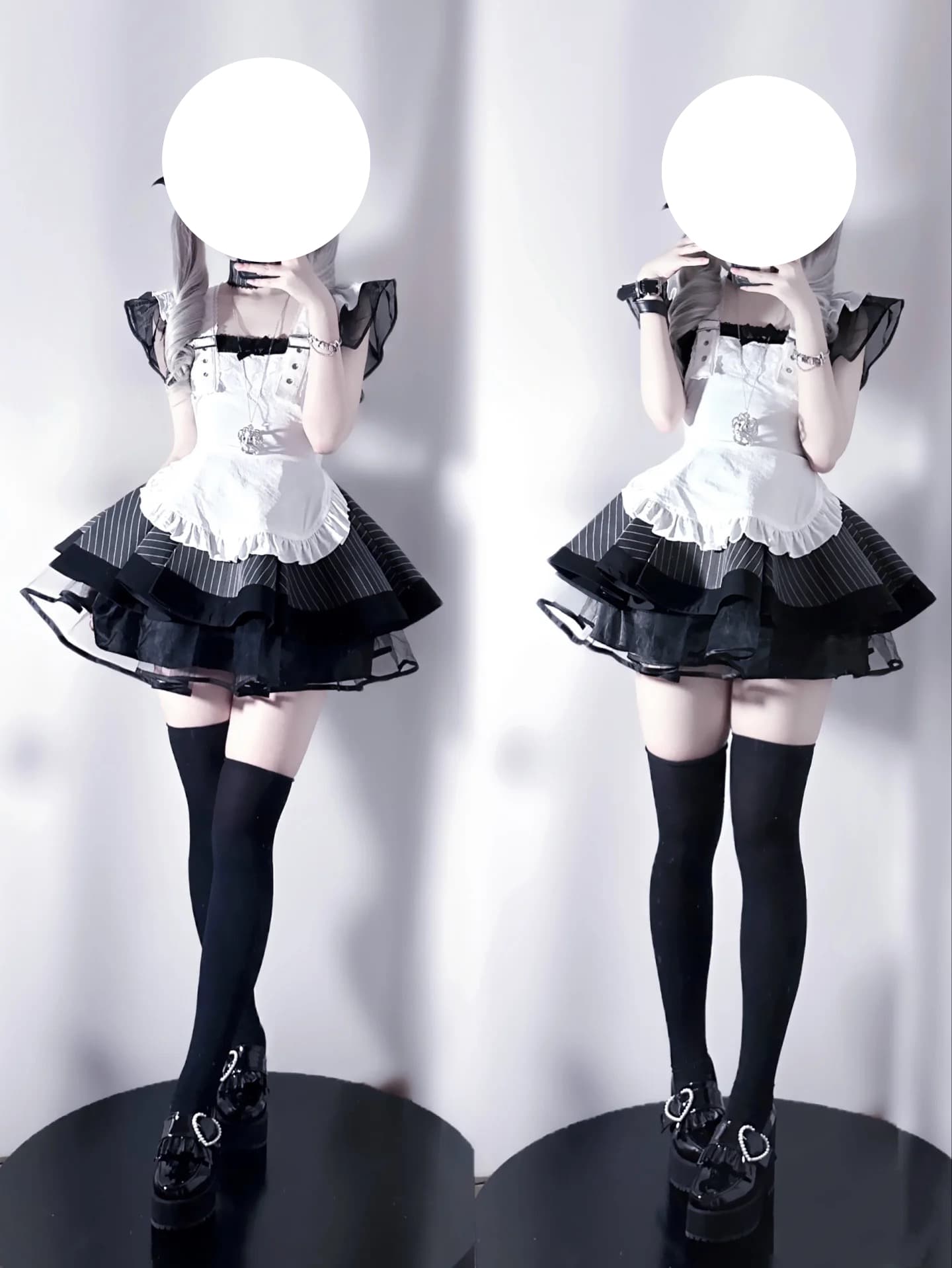 メイド服 ハート飾りベルト付き多層フリル袖メイド服