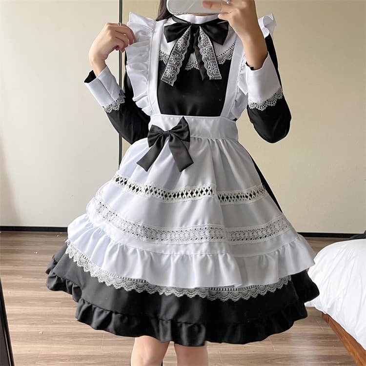 黒長袖メイド服 可愛いコスプレ制服 大きいサイズ対応ワンピース クラシカル