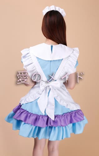フレンチメイド服コスプレ5点セット紫水色フリル