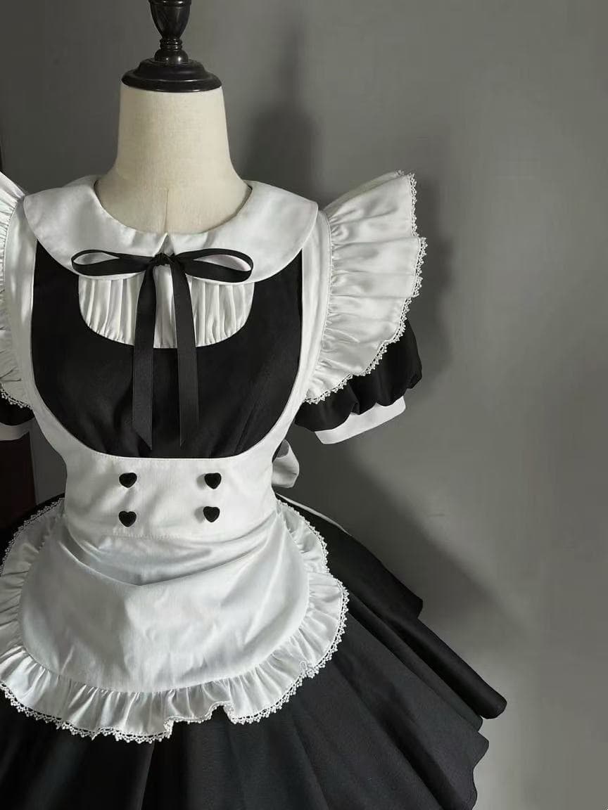 メイド服 丸襟リボン付きハート刺繍前掛けメイド服