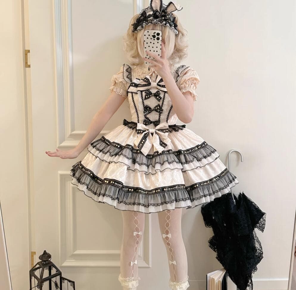 【新作】白×黒チェック リボン付き 豪華メイド服 衣装