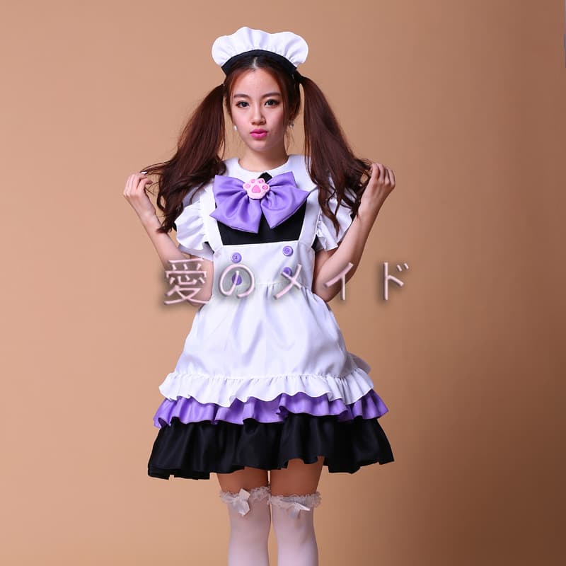 フレンチメイド服コスプレ5点セット紫水色フリル